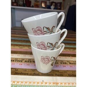 3 VINTAGE Single Rose Cups USA Coffee Tea Mugs White Floral LOT Of 3 MCM